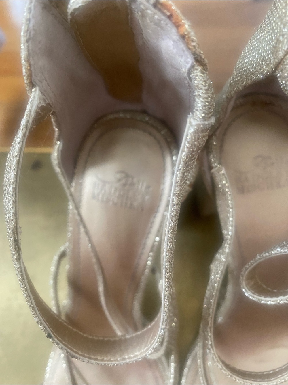 Belle Badgley Mischa Glittery Strappy High Heel Sandals in Champagne